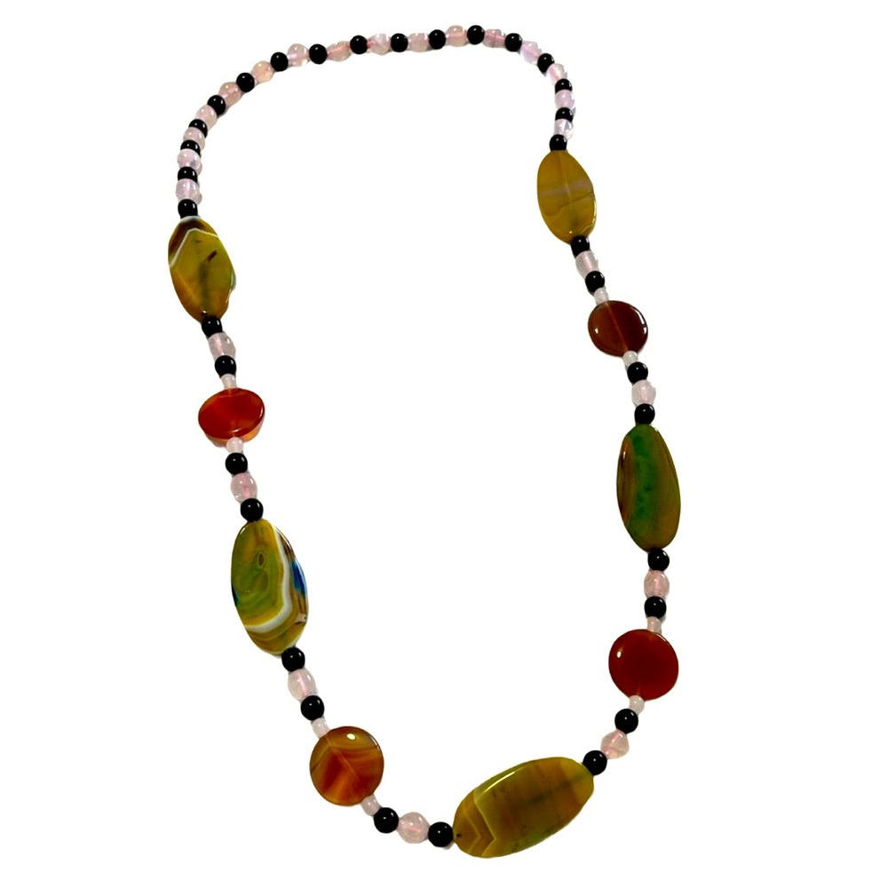 Long Agate pink quartz onyx natural gemstone necklace round and oblong stones